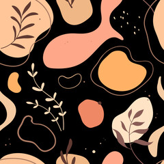 Wall Mural - Seamless pattern with colorful abstract shapes and leaves on dark background. Hand drawn vector illustration. Texture for print, textile, fabric, packaging.