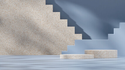 template 3d render mockup of terrazzo podium in landscape with stair backdrop and blue background