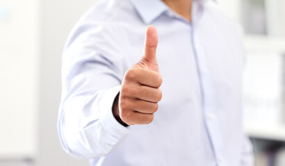 Sticker - Thumbs up for celebrating success and good work, hand of business man, manager or entrepreneur showing hand gesture. Closeup sign and positive symbol of approval, agreement and trust on fingers