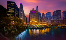 Chicago Downtown And Chicago River At Night, United States,