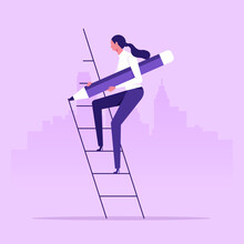 Create Your Own Career Path And Success - Entrepreneur Walking Up Stairs While Drawing With Pencil. Personal Development Concept. Vector Illustration