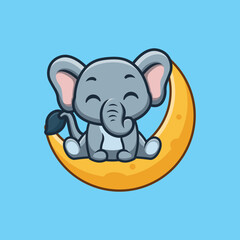 Elephant Sitting On Moon Cute Creative Kawaii Cartoon Mascot Logo