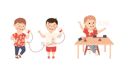 Sticker - Little Boy and Girl Working on Physics Science Experiment with Lever and Cup Vector Set