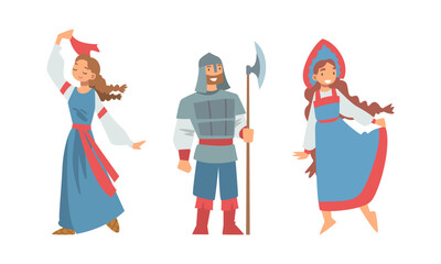 Sticker - Slav or Slavonian Man and Woman Character in Ethnic Clothing Vector Set