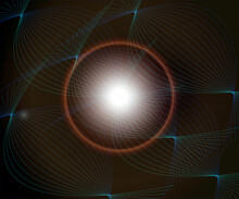 Abstract Techno Design With Spiral Curves. Blue Line And Center Light On Black Background.