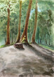 A group of trees and a stump in a clearing in the forest.. Hand drawn watercolors on paper textures. Raster