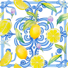 lemons and majolica seamless pattern. yellow citrus fruits on a branch and sicilian ornament endless