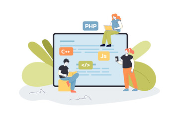 Programmers working on laptops flat vector illustration. Huge tablet screen with greater than less sign, coding symbols. Occupation, programming concept for banner, website design or landing web page