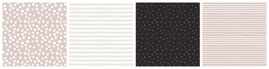  Simple spot and stripe baby girl seamless pattern set in neutral beige, white, soft pink and black colors for infant clothing, blanket or bedding textile.