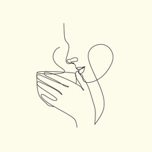 Continuous One Line Drawing. Woman Relaxing With Cup Of Tea. Vector Illustration