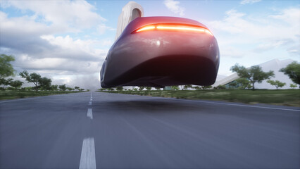 Wall Mural - Futuristicflying car very fast driving on highway. Futuristic city concept. 3d rendering.