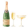 Beautiful set with watercolor hand drawn bottle of champagne and glasses. Stock clip art illustrations