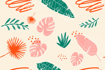 Wall Mural - Abstract tropical background. For the design of cards, posters, postcards and banners. Hand drawn doodle elements: dots, circles, doodles.