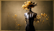 Rear View Of A Slender Female Body, A Mannequin Decorated With Golden Flowers, A Female Silhouette. The Head Of A Young Girl Is Decorated With Beautiful Wildflowers. 3d Rendering,