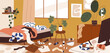 Messy dirty untidy chaotic home room. Mess, dirt, chaos in house interior. Disorder, scattered stuff, trash, clothes clutter lying around on floor in apartment. Colored flat vector illustration