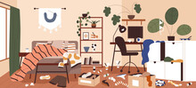 Mess And Dirt In Home Room. Messy Dirty Interior. Chaos And Disorder In Apartment. Unclean Untidy House Panorama With Clothes Clutter, Scattered Stuff, Garbage. Colored Flat Vector Illustration