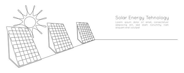 Poster - One continuous line drawing of Solar panel with sun. Green clean energy in simple linear style. Renewable and sustainable resources web banner. Editable stroke. Doodle vector illustration