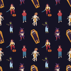 Poster - Halloween pattern with happy kids disguised in carnival costumes. Seamless holiday background with repeating print of cute Helloween children characters. Childish colored flat vector illustration