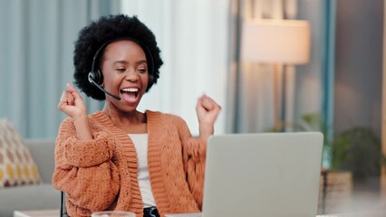 Poster - Excited, happy and dancing call center agent celebrating deal, promotion and sale after video call on laptop. Smiling, successful and cheerful freelance telemarketer cheering while working from home