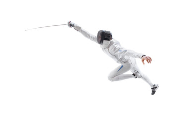 Wall Mural - Aerial view of male fencer in fencing costume and mask holding smallsword and training isolated on white background. Sport, energy, skills