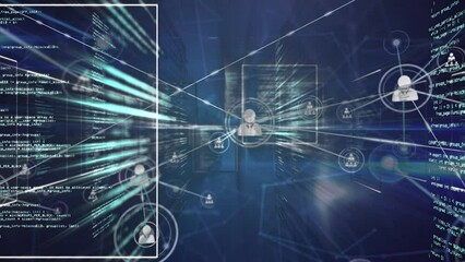 Animation of digital lines connecting people icons over programming database
