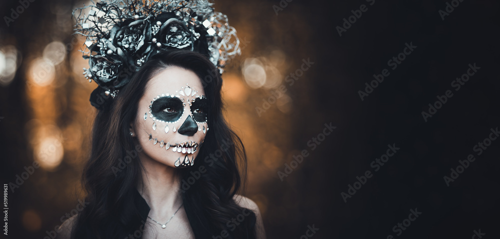 Closeup portrait of Calavera Catrina in black dress. Sugar skull makeup. Dia de los muertos. Day of The Dead. Halloween. Stock Photo | Adobe Stock Closeup portrait of Calavera Catrina in black dress. Sugar skull makeup. Dia de los muertos. Day of The Dead. Halloween. Stock Photo | Adobe Stock