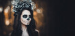 © Serenkonata - Closeup portrait of Calavera Catrina in black dress. Sugar skull makeup. Dia de los muertos. Day of The Dead. Halloween.