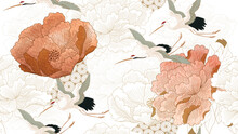 Japanese Background With Floral Watercolor  Texture Vector. Hand Drawn Flower Pattern Decorations In Vintage Style. Crane Birds Element With Art Abstract Banner Design In Oriental Style.
