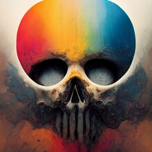 A Skull Splattered With Multicolored Ink. Skull Painted With Colorful Paints. A Creepy Skull Smeared With Different Colors Of Ink. Perfect For Phone Wallpaper Or Posters.