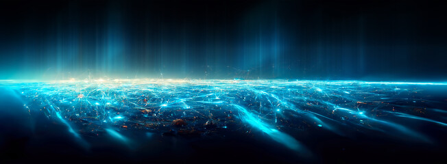 Abstract blue futuristic background, data center, data transfer, rays and lines, blue neon. Reflection of light in space. Dark futuristic empty scene. 3D illustration.