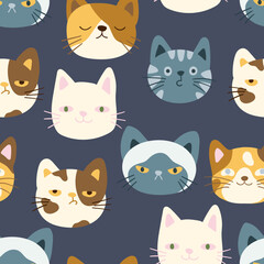 Cute colorful cats heads, kitten faces, vector seamless pattern. Funny kitty pet animal cartoon characters with emotions, texture for fabric, wallpaper, wrapping paper, textile, bedding, t-shirt print