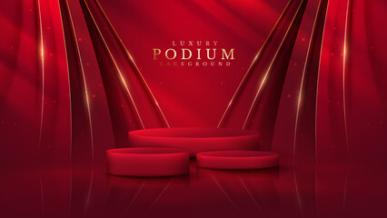 Wall Mural - Red color podium with ribbon elements and gold lines with glitter light effect decoration and bokeh.