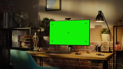 Fototapete - Zoom in On a Modern Personal Computer Monitor with Chroma key Green Screen Display Standing on the Desk of a Cozy Home Office. Living Room of Interior Designer with Good Taste and Creative Atmosphere.
