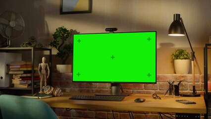 Fototapete - Computer Monitor with Green Screen Standing on a Wooden Desk with Height Adjustable Function. Chroma Key Display at Home in Modern Living Room or Creative Loft Office with Brick Wall. Arc Shot.