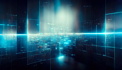 Wall Mural - Abstract blue futuristic background, data center, data transfer, rays and lines, blue neon. Reflection of light in space. Dark futuristic empty scene. 3D illustration.