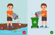 do not littering illustration boy right and wrong behavior throwing trash in rubbish bin and on the river