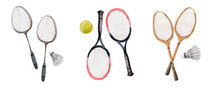 Tennis Racket And Ball ,equipments For Badminton Game Sport . Watercolor Illustration