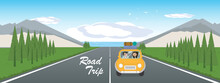 Cartoon Style Of Vintage Style Yellow Car With 2 People And Baggages For Road Trip Traveling With Mountain And Sea View Background. 