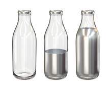 Set Of Glass Bottles Empty, Half And Full Of Silver Liquid, 3d Render