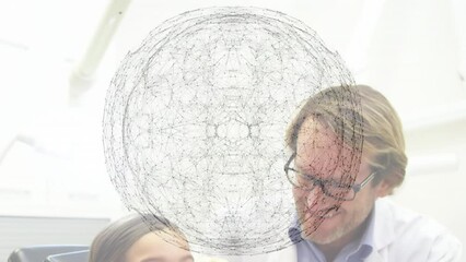 Sticker - Animation of network of connections over caucasian girl getting her teeth examined by male dentist