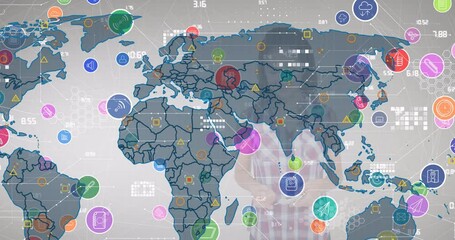 Wall Mural - Animation of network of digital icons over world map against caucasian girl using smartphone