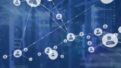 Animation of profile icons connecting with lines with coding against server room