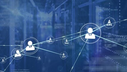 Animation of profile icons network connecting with lines against coding in server room