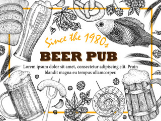 Vector illustration banner template for beer bar in engraving style. Graphic linear cups and glasses of beer, hops, spikelets, pretzel, sausages, garlic, board with bread, fish