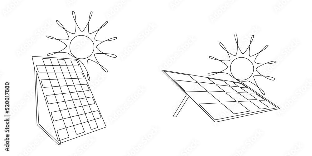 Solar Outline One continuous line drawing of Solar panels with sun. Green clean ...