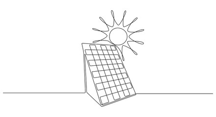 Poster - One continuous line drawing of Solar panel with sun. Green energy in simple linear style. Renewable and sustainable resources concept. Editable stroke. Doodle vector illustration