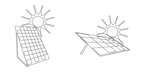 Poster - One continuous line drawing of Solar panels with sun. Green clean energy in simple linear style. Renewable and sustainable resources icons. Editable stroke. Doodle vector illustration