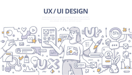 UX UI design. Concept of woman designer creating user interface for application for better user experience. Doodle vector illustration in linear style