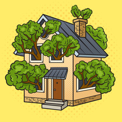 Tree grows inside house and branches in windows pop art retro vector illustration. Comic book style imitation.