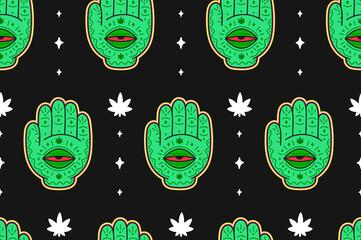 Wall Mural - Hand with open red eye seamless pattern,wallpaper. Vector cartoon character illustration logo design. Magic hand,palm with eye,weed,cannabis,marijuana seamless pattern,background concept